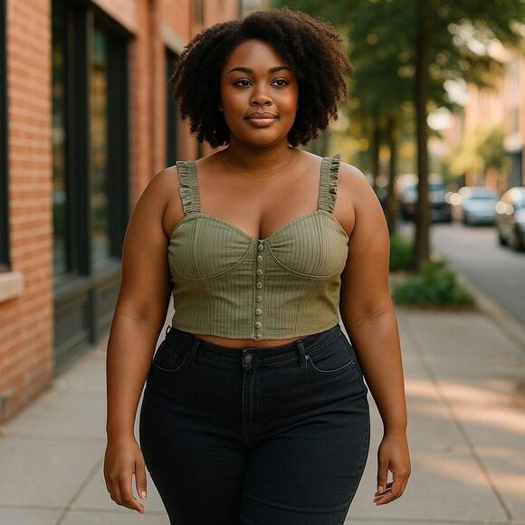 Women's Ruffled Strap Crop Top/Bralette Corset Style Button Front Tank Boho - Picture 5 of 5